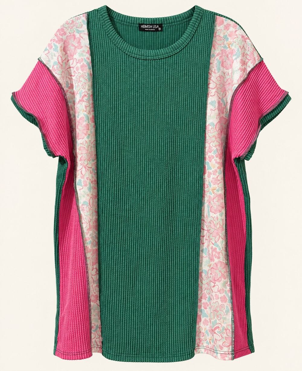 Heimish USA Womens M Green Pink Floral Colorblock Ribbed Boho Tunic Top
